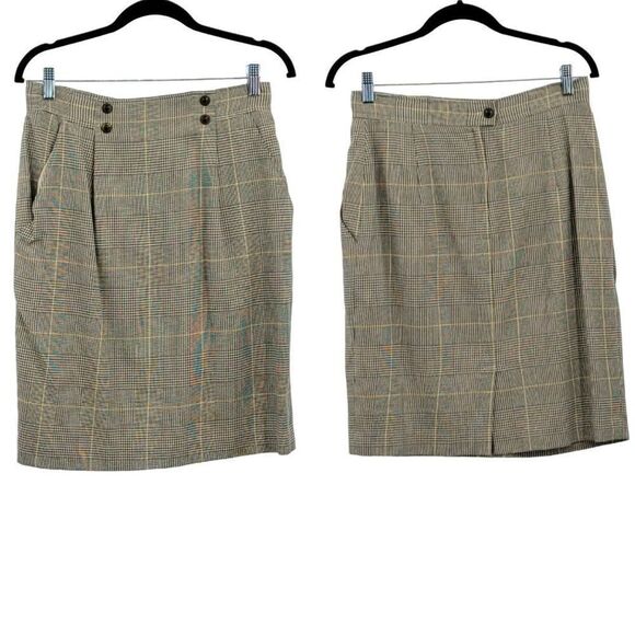 Vintage 80's OBR Skirt Tea Length Pencil Glen Plaid Yellow S Academia Clueless - Picture 1 of 12